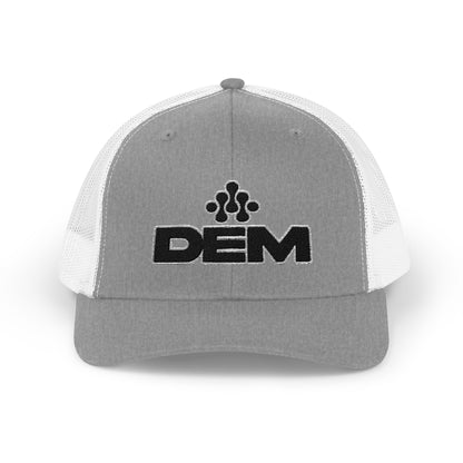 DEM Logo Snapback Trucker Cap — Red Mesh Baseball Hat Printify