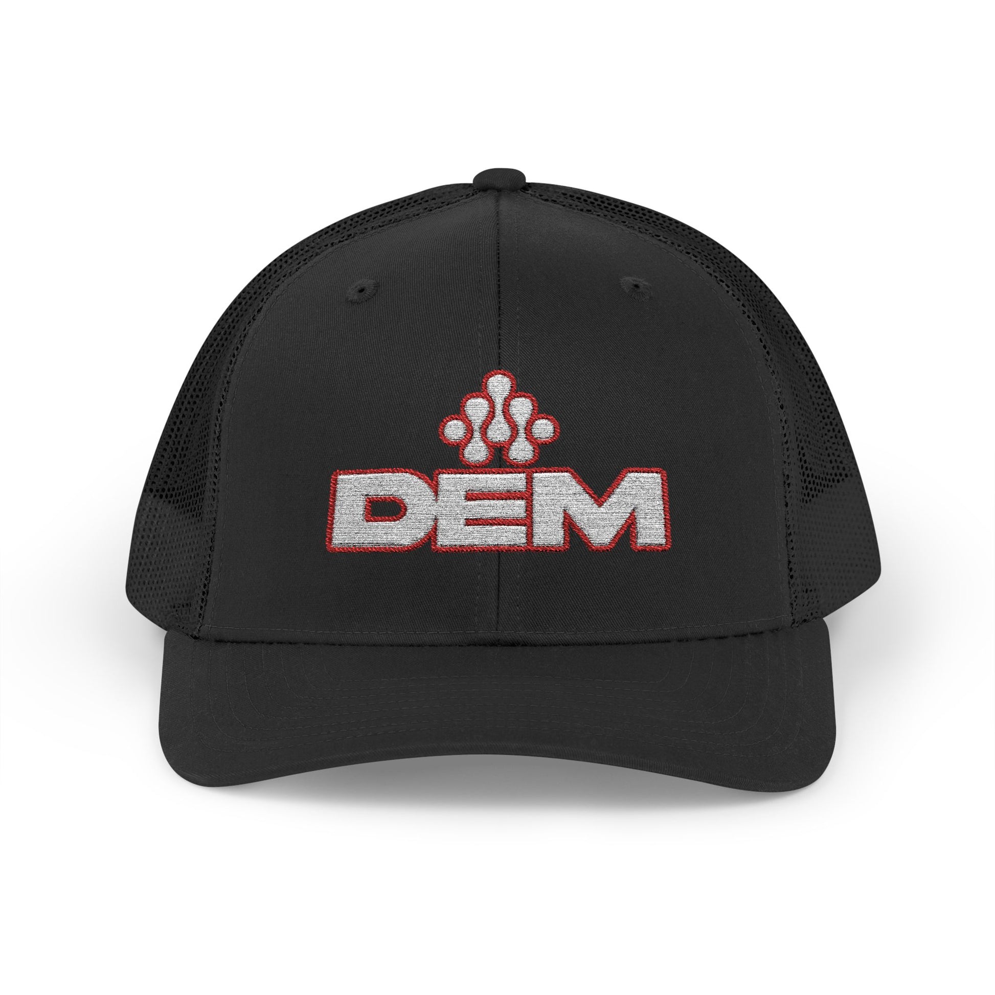 Copy of DEM Logo Snapback Trucker Cap — Red Mesh Baseball Hat Printify