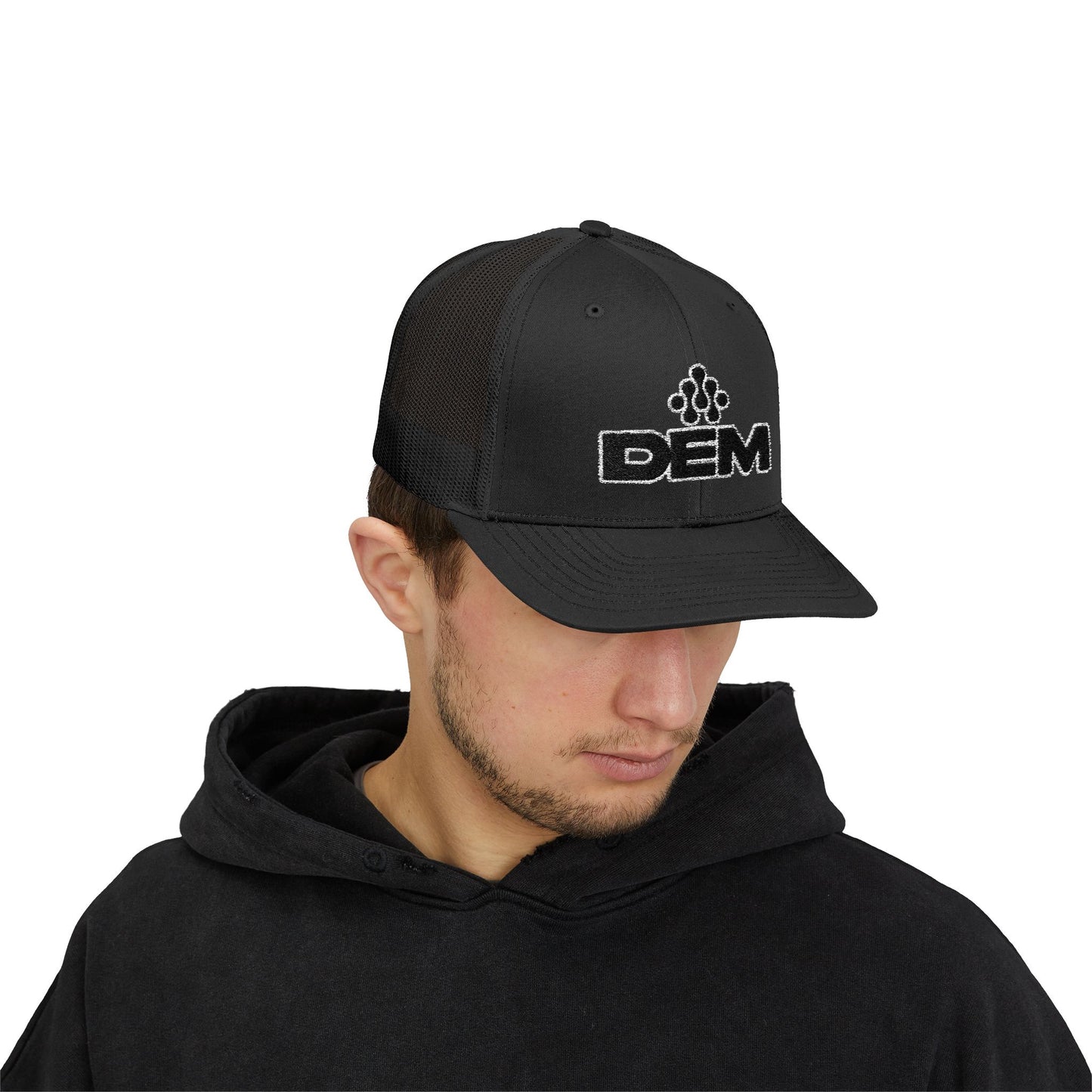 DEM Logo Snapback Trucker Cap — Red Mesh Baseball Hat Printify