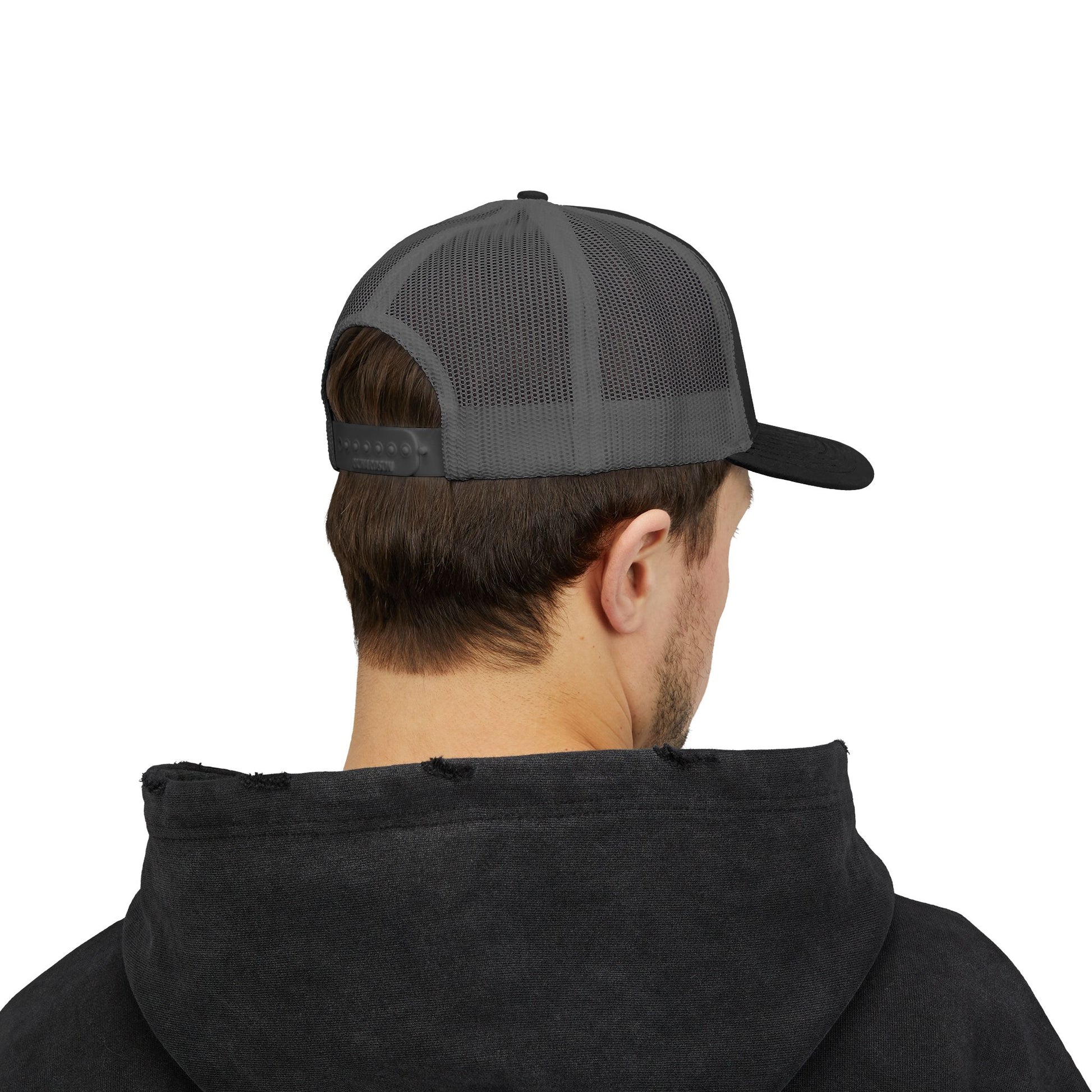 DEM Logo Snapback Trucker Cap — Red Mesh Baseball Hat Printify