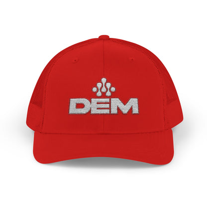 Copy of DEM Logo Snapback Trucker Cap — Red Mesh Baseball Hat Printify