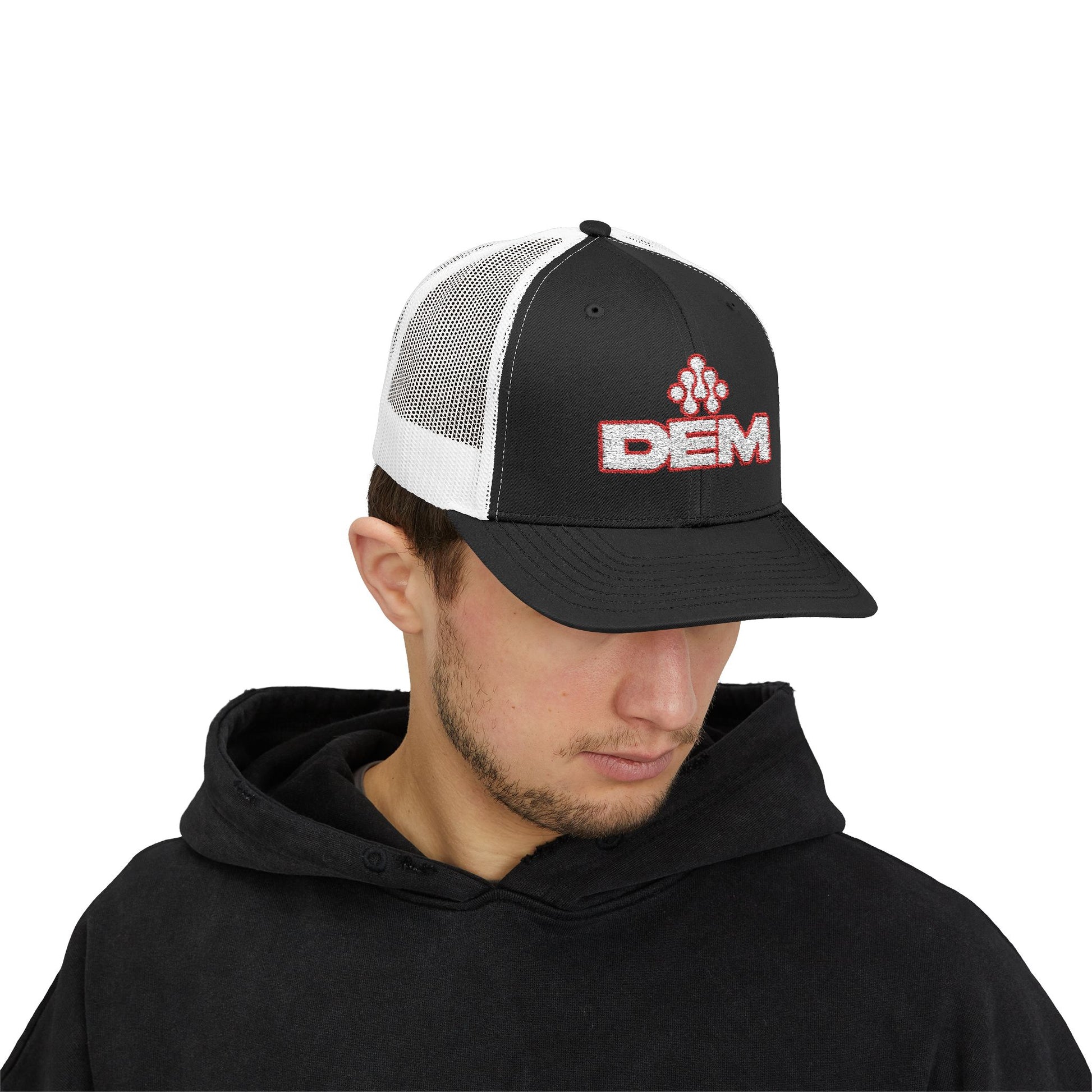 Copy of DEM Logo Snapback Trucker Cap — Red Mesh Baseball Hat Printify