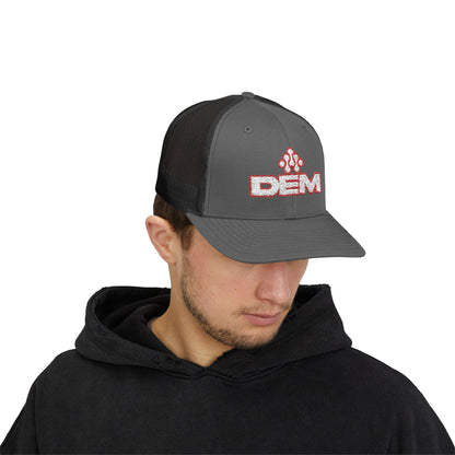 Copy of DEM Logo Snapback Trucker Cap — Red Mesh Baseball Hat Printify