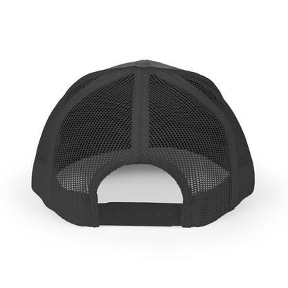DEM Logo Snapback Trucker Cap — Red Mesh Baseball Hat Printify