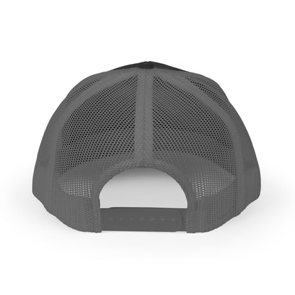 DEM Logo Snapback Trucker Cap — Red Mesh Baseball Hat Printify