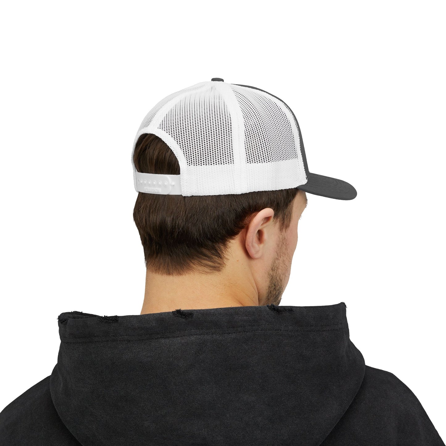 DEM Logo Snapback Trucker Cap — Red Mesh Baseball Hat Printify