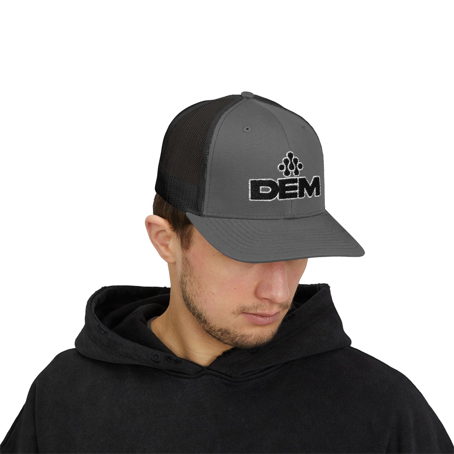 DEM Logo Snapback Trucker Cap — Red Mesh Baseball Hat Printify