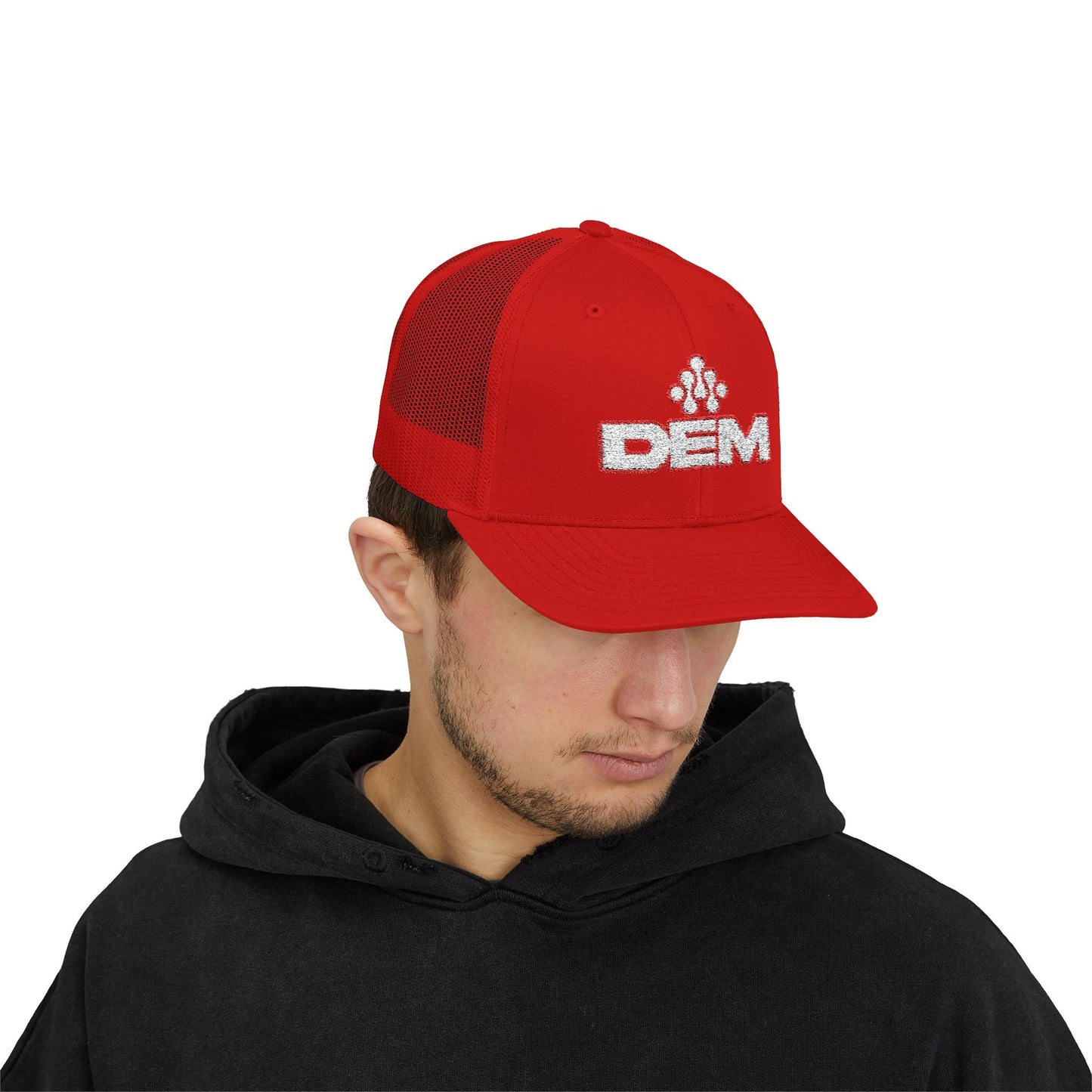 Copy of DEM Logo Snapback Trucker Cap — Red Mesh Baseball Hat Printify
