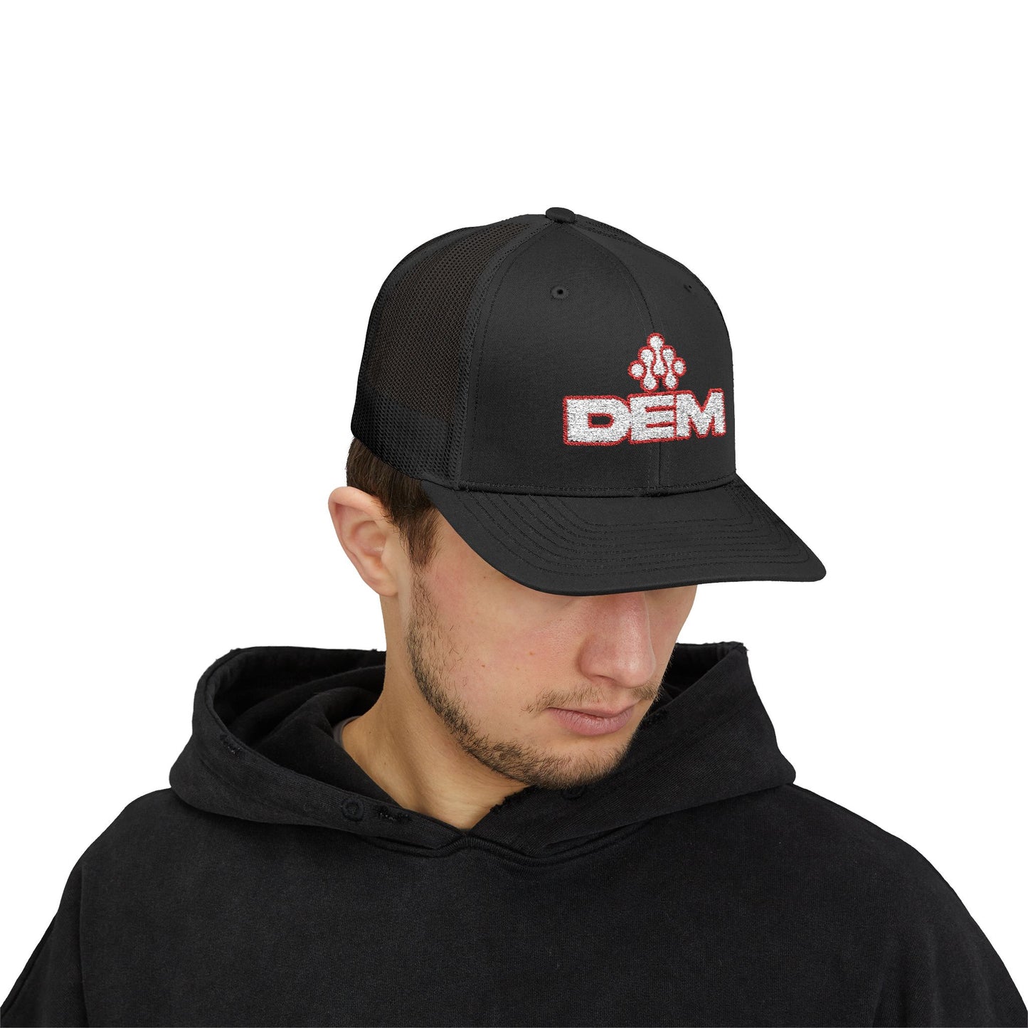 Copy of DEM Logo Snapback Trucker Cap — Red Mesh Baseball Hat Printify