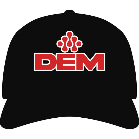 DEM Logo Cap — Black and Cream Embroidered Baseball Hat Printify