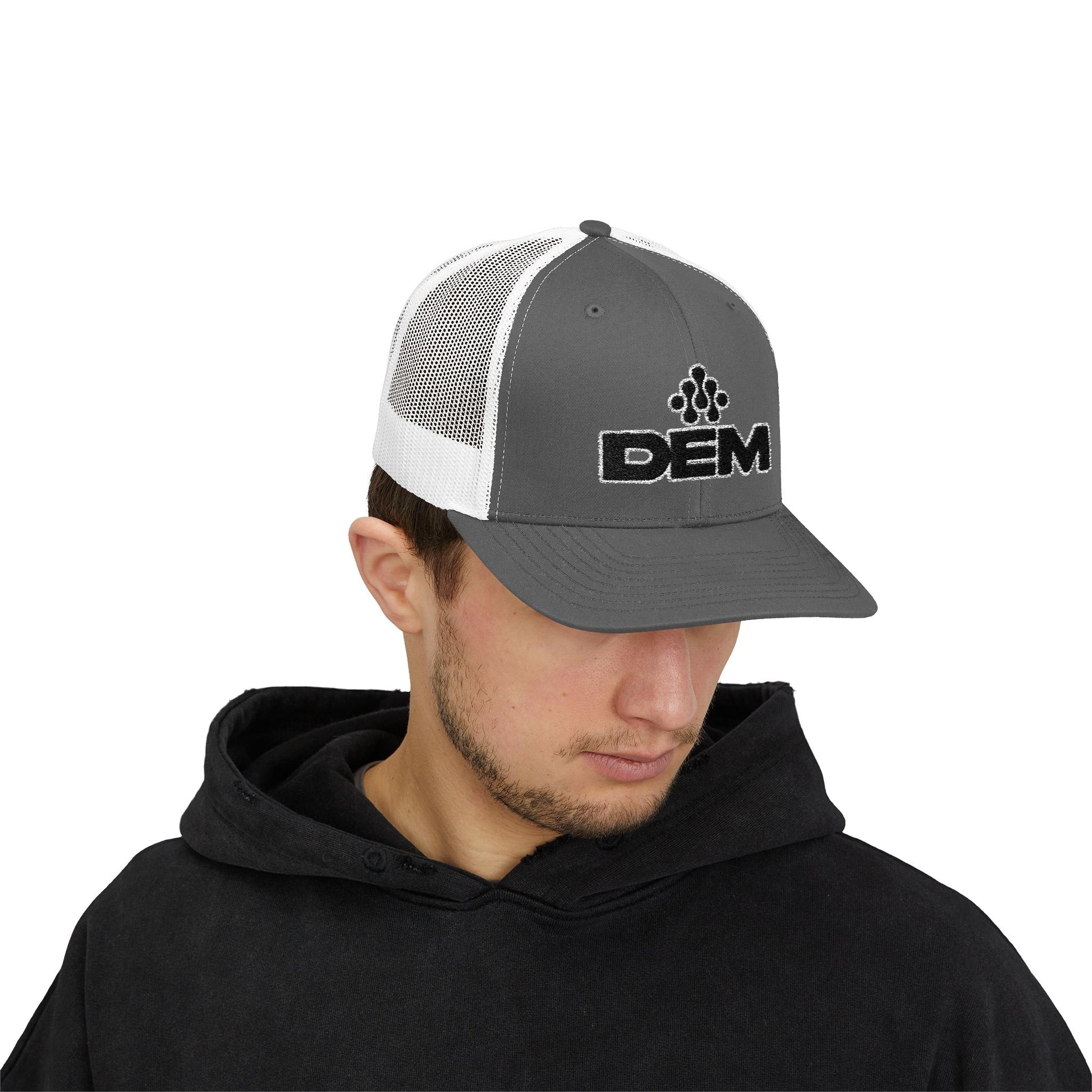 DEM Logo Snapback Trucker Cap — Red Mesh Baseball Hat Printify