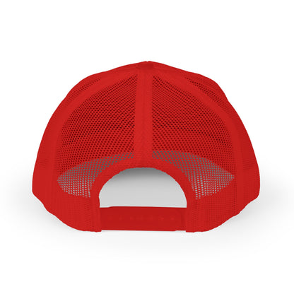 DEM Logo Snapback Trucker Cap — Red Mesh Baseball Hat Printify