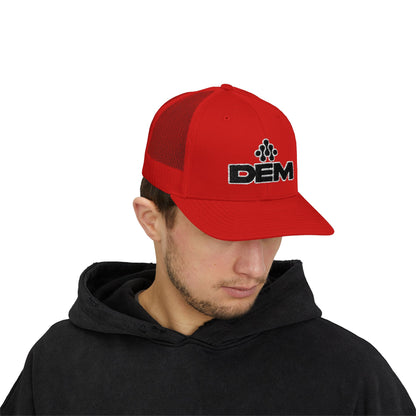 DEM Logo Snapback Trucker Cap — Red Mesh Baseball Hat Printify