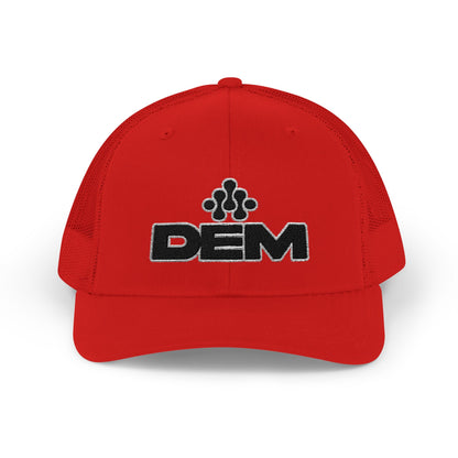 DEM Logo Snapback Trucker Cap — Red Mesh Baseball Hat Printify