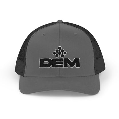 DEM Logo Snapback Trucker Cap — Red Mesh Baseball Hat Printify