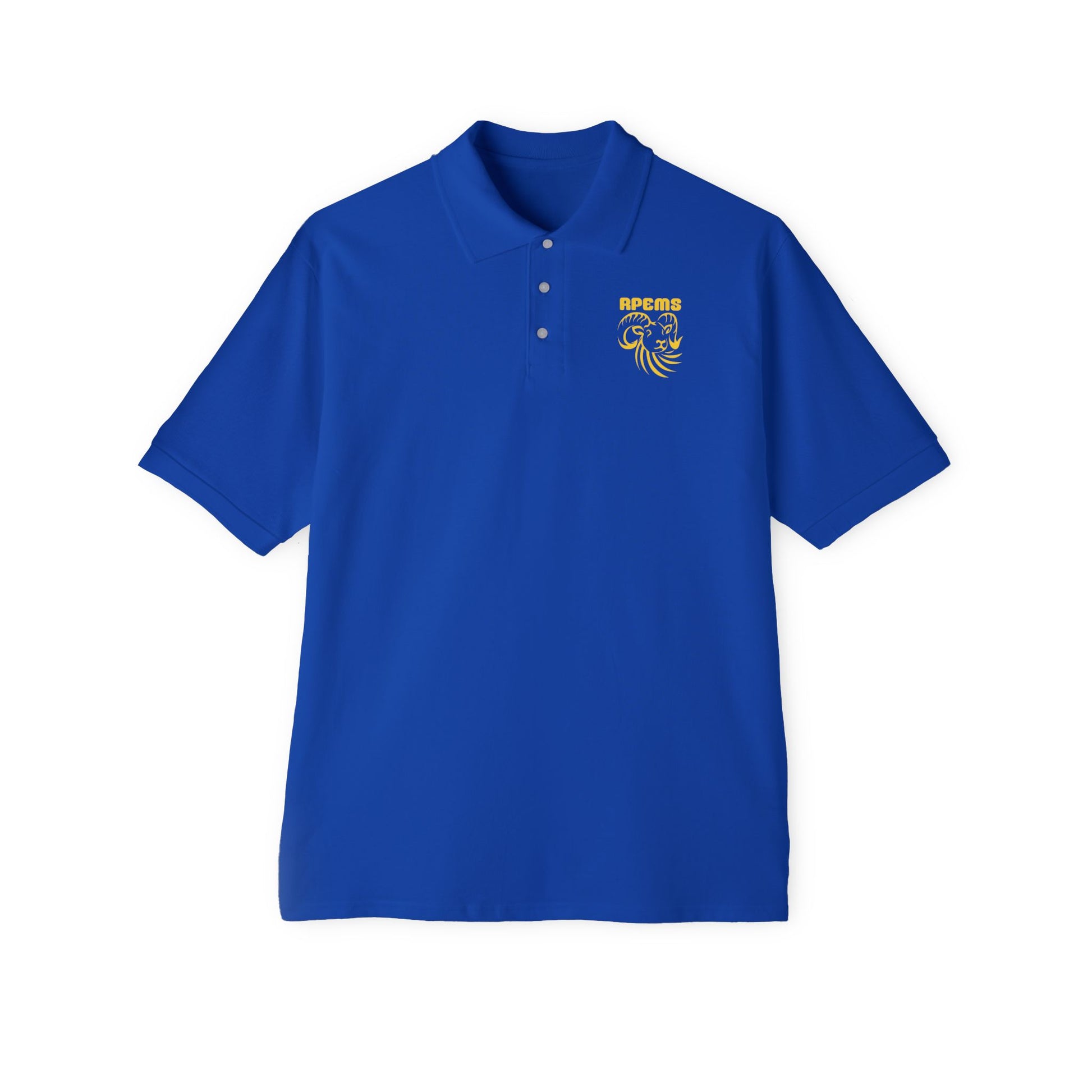 Roland Park Elementary/Middle Royal Blue Polo — Embroidered Gold Lion Crest 'RFCMS' Printify
