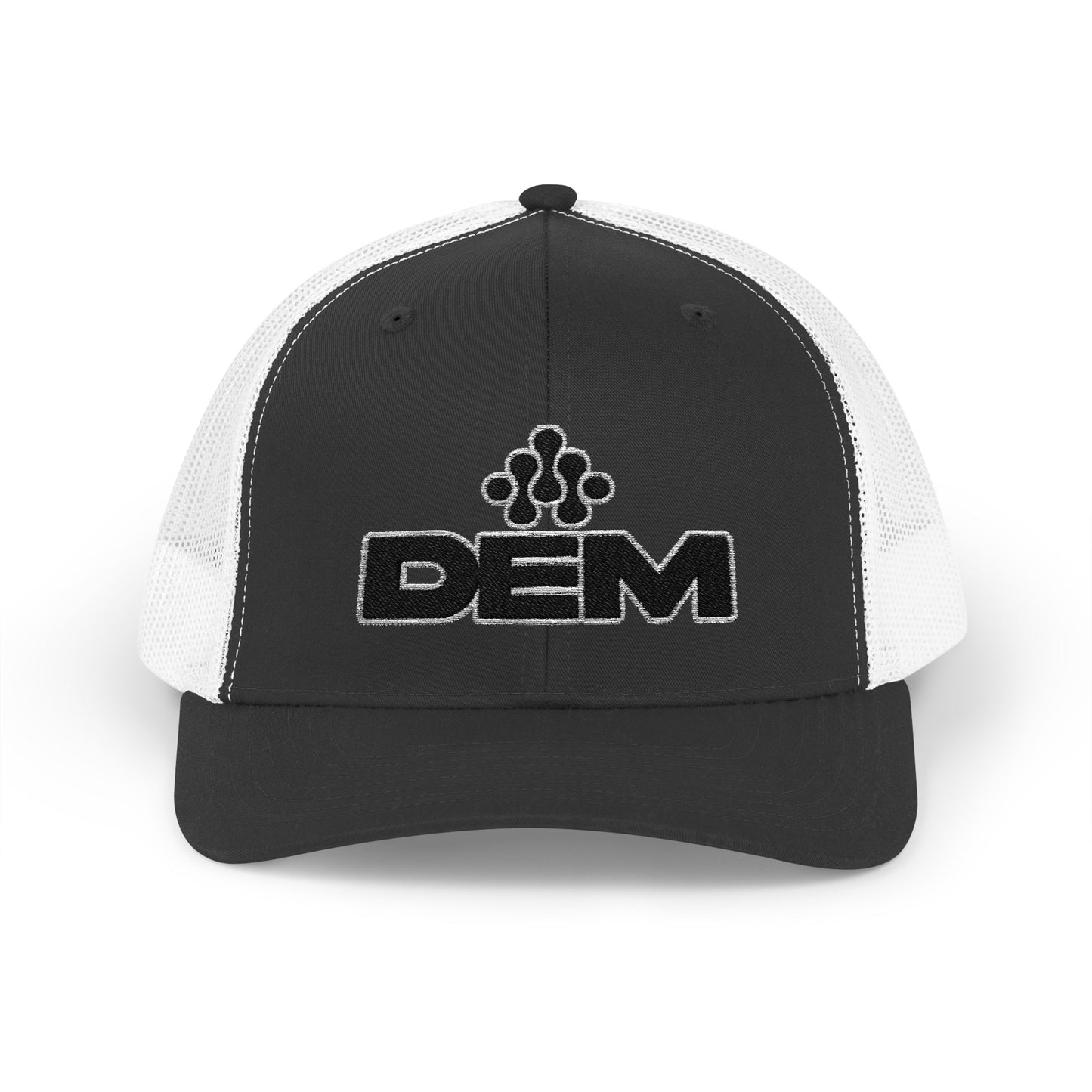 DEM Logo Snapback Trucker Cap — Red Mesh Baseball Hat Printify
