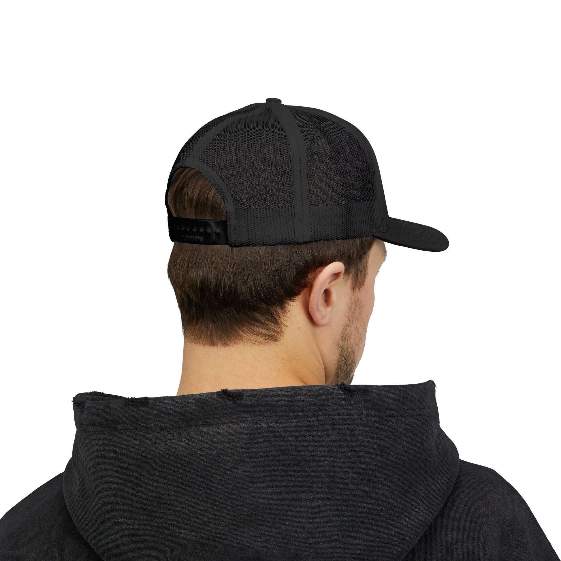 DEM Logo Snapback Trucker Cap — Red Mesh Baseball Hat Printify