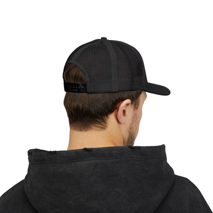 DEM Logo Snapback Trucker Cap — Red Mesh Baseball Hat Printify