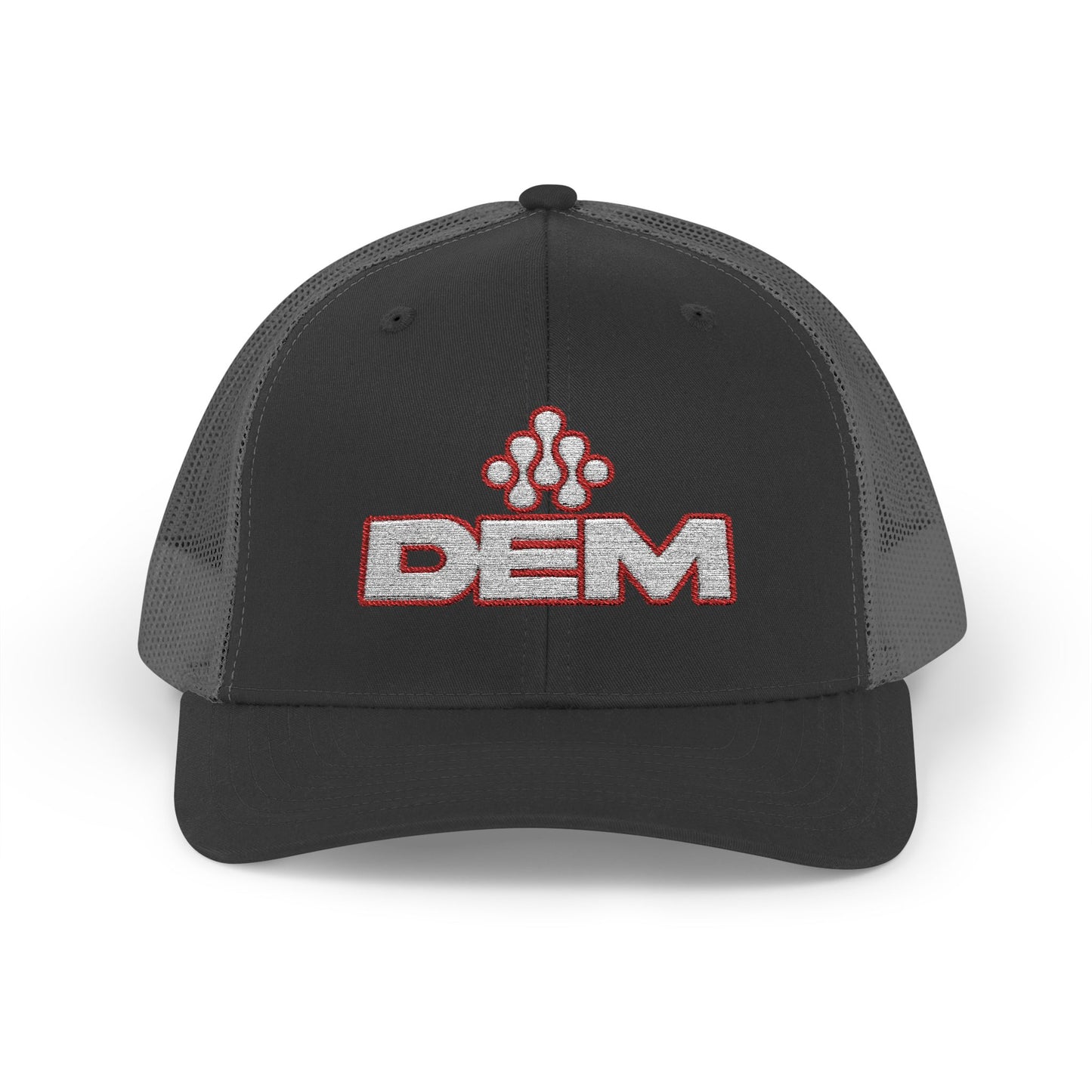 Copy of DEM Logo Snapback Trucker Cap — Red Mesh Baseball Hat Printify