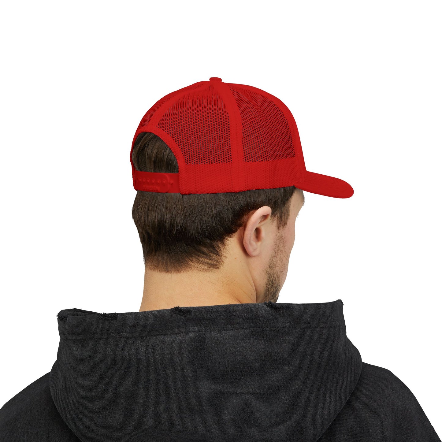 DEM Logo Snapback Trucker Cap — Red Mesh Baseball Hat Printify