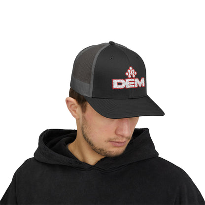 Copy of DEM Logo Snapback Trucker Cap — Red Mesh Baseball Hat Printify