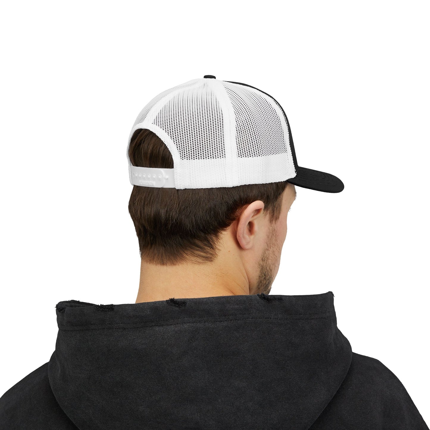 DEM Logo Snapback Trucker Cap — Red Mesh Baseball Hat Printify