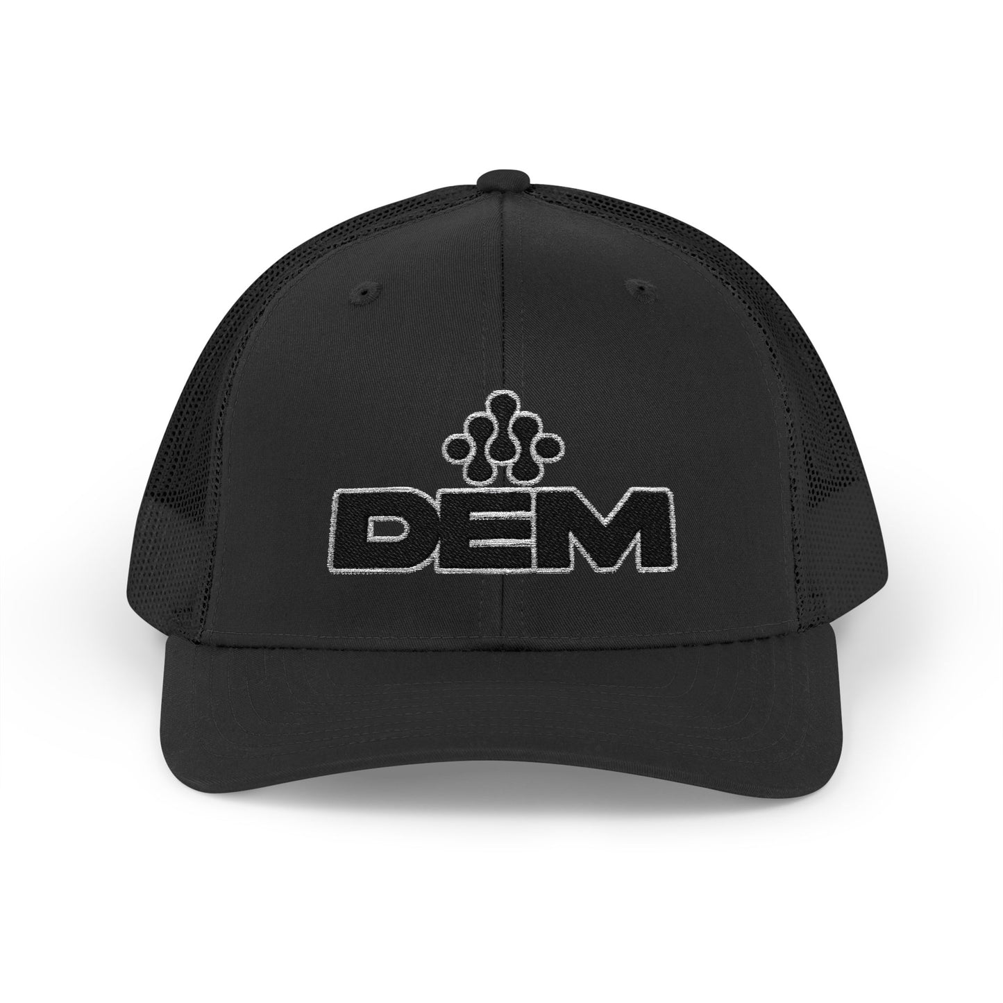 DEM Logo Snapback Trucker Cap — Red Mesh Baseball Hat Printify