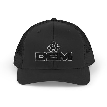 DEM Logo Snapback Trucker Cap — Red Mesh Baseball Hat Printify