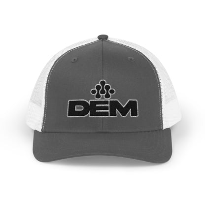 DEM Logo Snapback Trucker Cap — Red Mesh Baseball Hat Printify