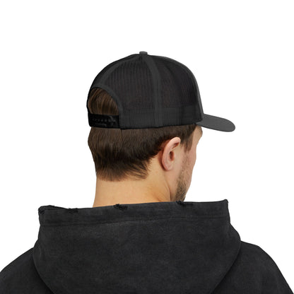 DEM Logo Snapback Trucker Cap — Red Mesh Baseball Hat Printify