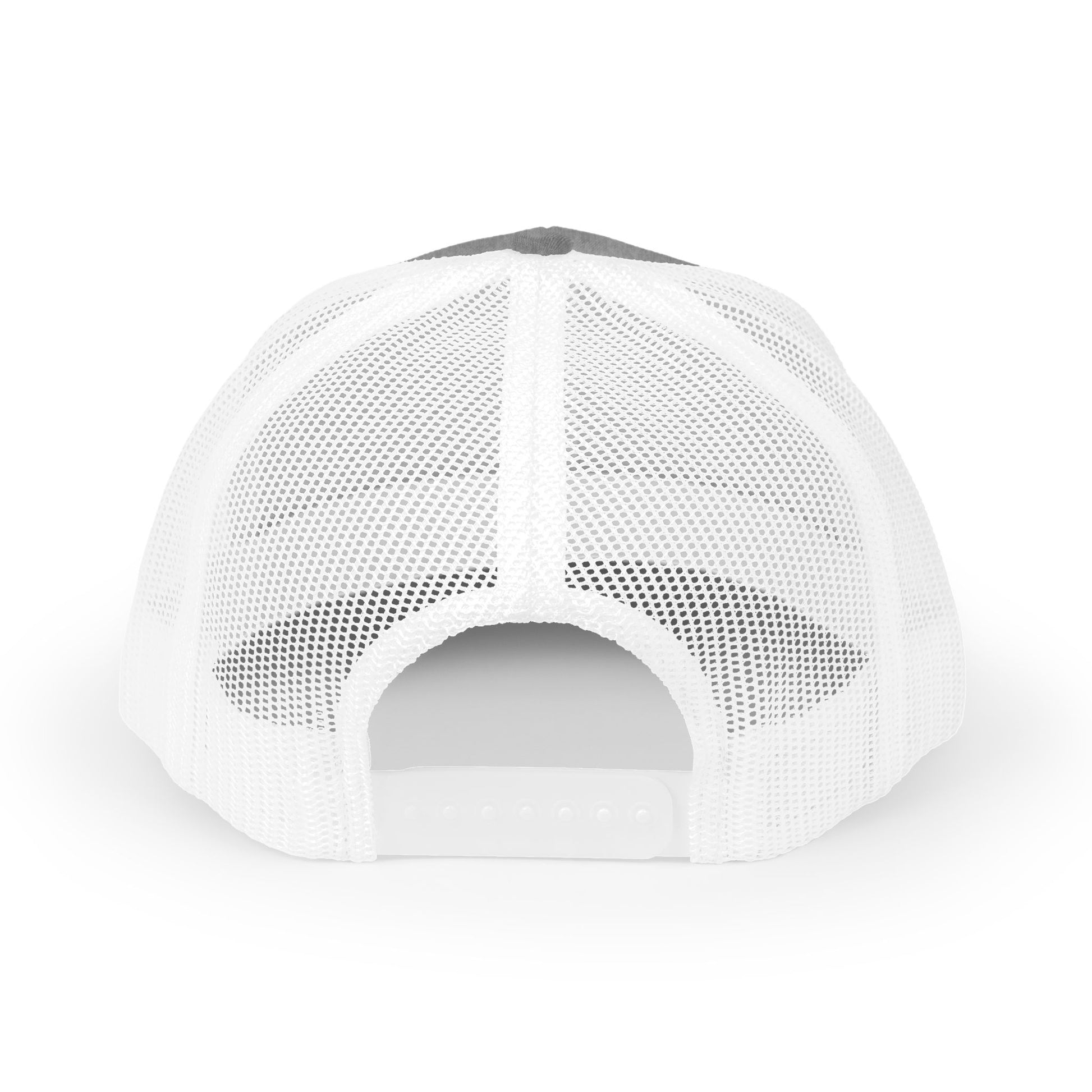 DEM Logo Snapback Trucker Cap — Red Mesh Baseball Hat Printify