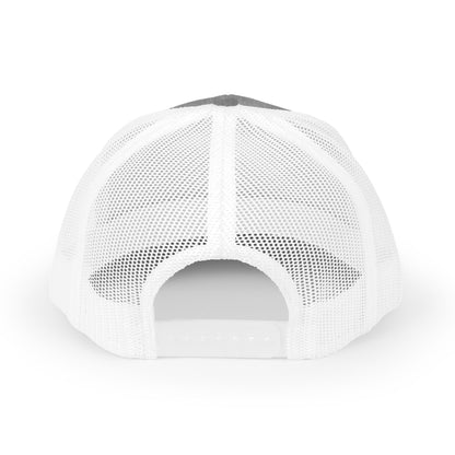 DEM Logo Snapback Trucker Cap — Red Mesh Baseball Hat Printify