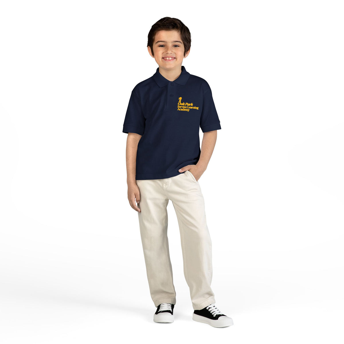 Youth Polo Shirt with Yellow Script Logo — DryBlend® School/Team Uniform Printify