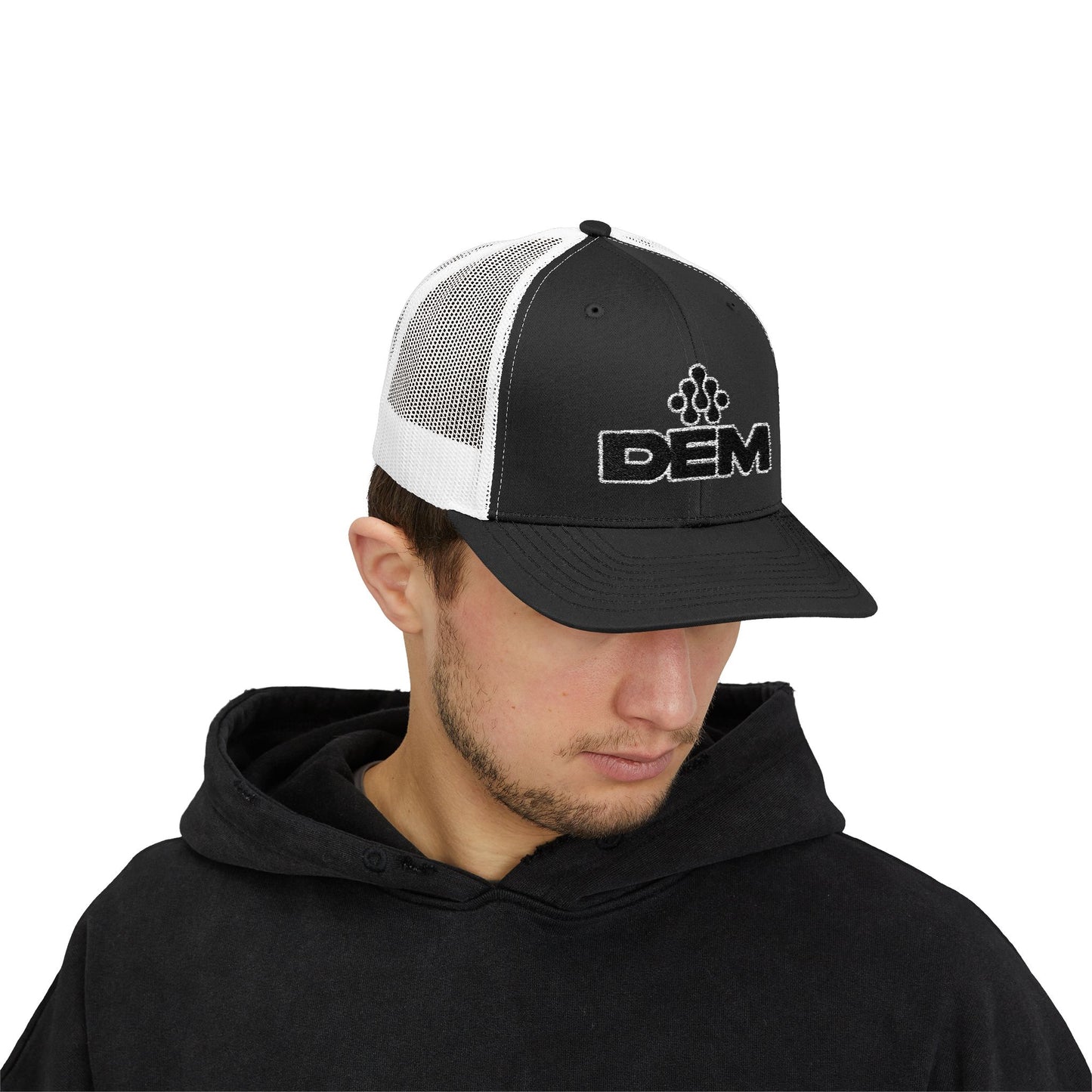 DEM Logo Snapback Trucker Cap — Red Mesh Baseball Hat Printify