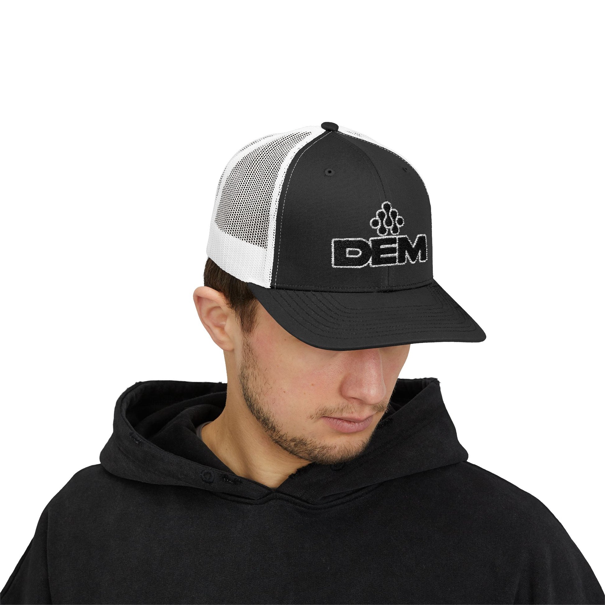 DEM Logo Snapback Trucker Cap — Red Mesh Baseball Hat Printify