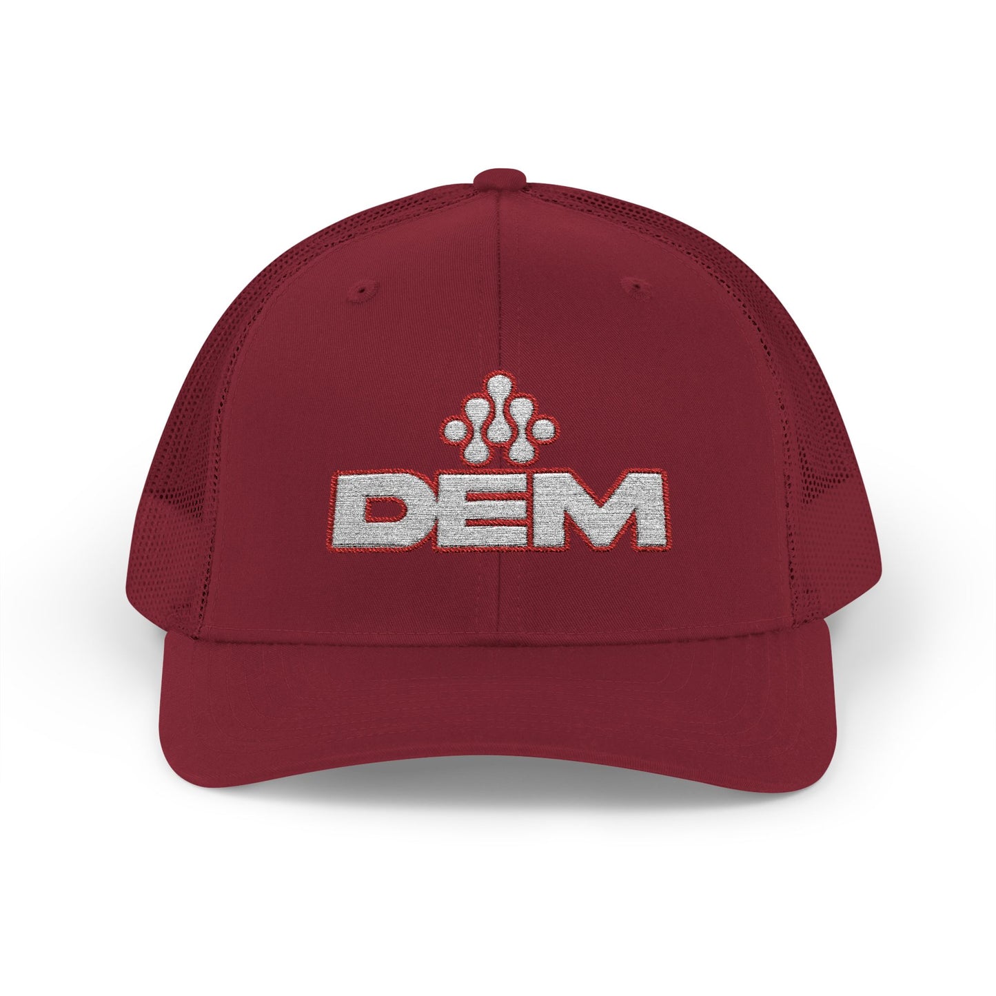Copy of DEM Logo Snapback Trucker Cap — Red Mesh Baseball Hat Printify
