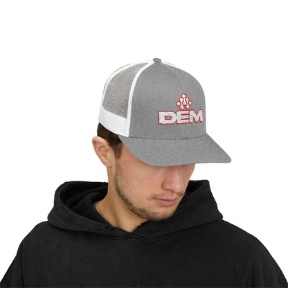 Copy of DEM Logo Snapback Trucker Cap — Red Mesh Baseball Hat Printify