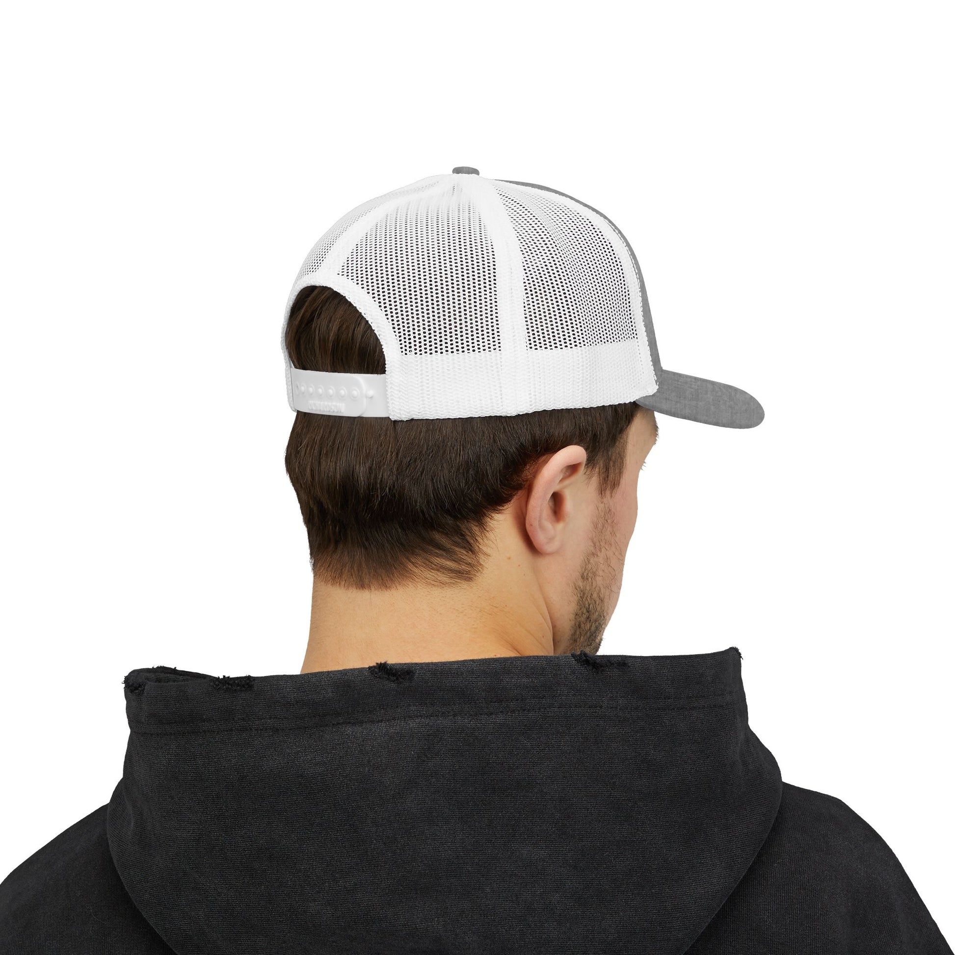 DEM Logo Snapback Trucker Cap — Red Mesh Baseball Hat Printify