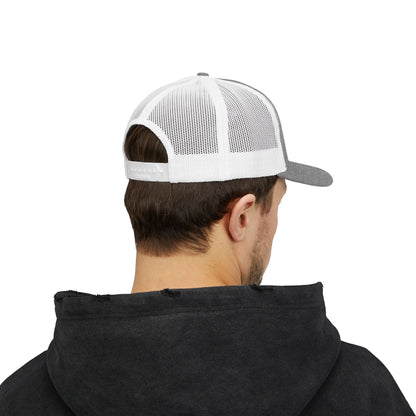 DEM Logo Snapback Trucker Cap — Red Mesh Baseball Hat Printify