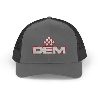 Copy of DEM Logo Snapback Trucker Cap — Red Mesh Baseball Hat Printify