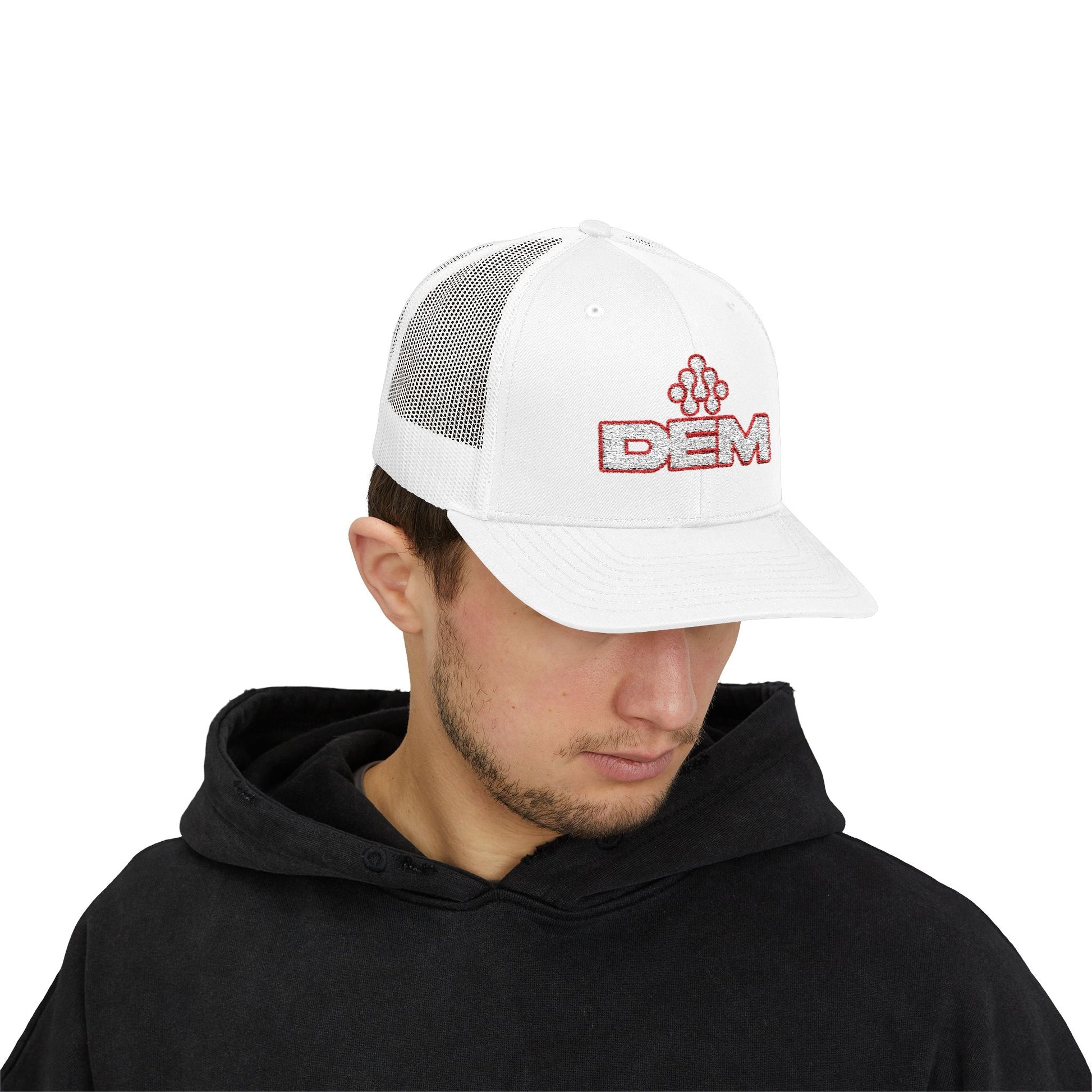 Copy of DEM Logo Snapback Trucker Cap — Red Mesh Baseball Hat Printify