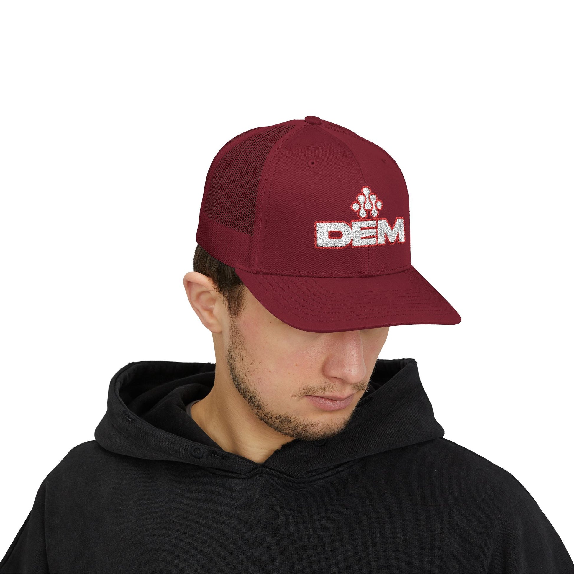 Copy of DEM Logo Snapback Trucker Cap — Red Mesh Baseball Hat Printify