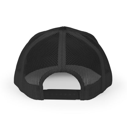 DEM Logo Snapback Trucker Cap — Red Mesh Baseball Hat Printify
