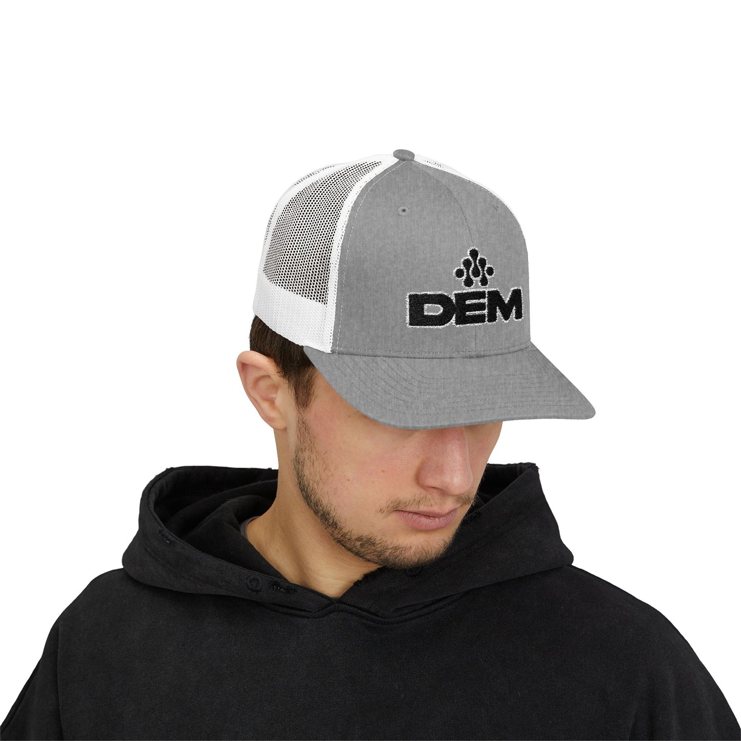 DEM Logo Snapback Trucker Cap — Red Mesh Baseball Hat Printify