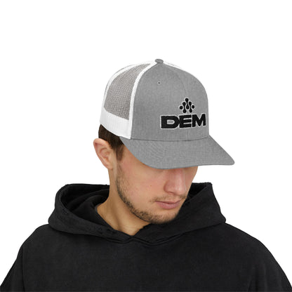DEM Logo Snapback Trucker Cap — Red Mesh Baseball Hat Printify