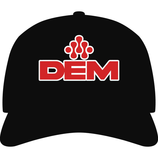 DEM Logo Cap — Black and Cream Embroidered Baseball Hat - Lasercraft Design