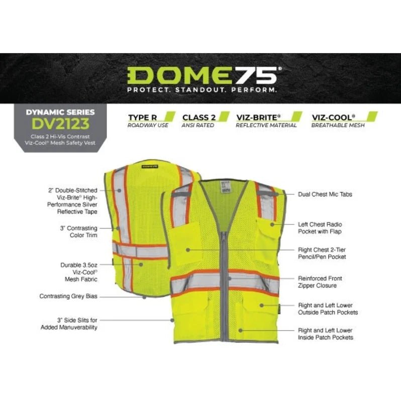 DOME75® DYNAMIC SERIES ANSI Class 2 Hi-Vis Contrast Viz Cool Mesh Safety Vest - Lasercraft Design