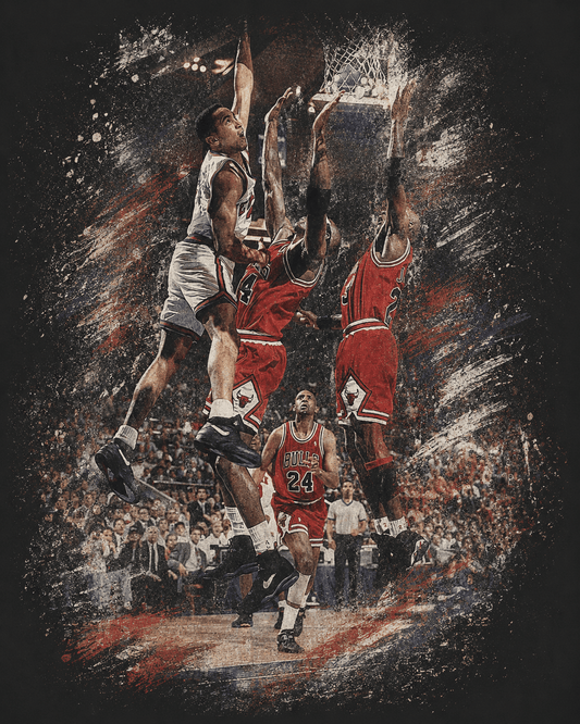 John Starks - The Dunk! Classic image of John Starks dunking on the Champion Bulls with Michael Jordan and Scottie Pippen defending! Knicks are Back! NBA! - Lasercraft Design